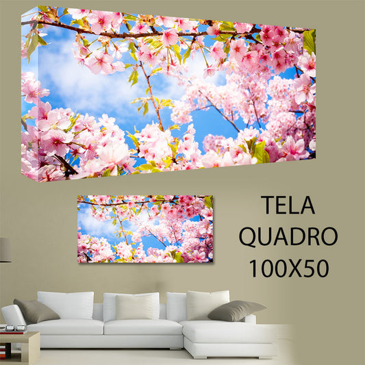 QUADRI MODERNI TELA 100X50 FIORI GELSOMINI ROSA NATURA BIANCO VERDE PRATO