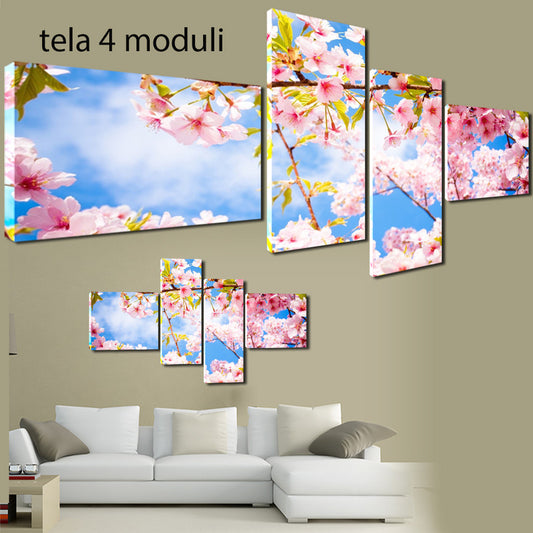 QUADRI MODERNI TELA 170X70 4PZ FIORI GELSOMINI ROSA NATURA BIANCO VERDE PRATO