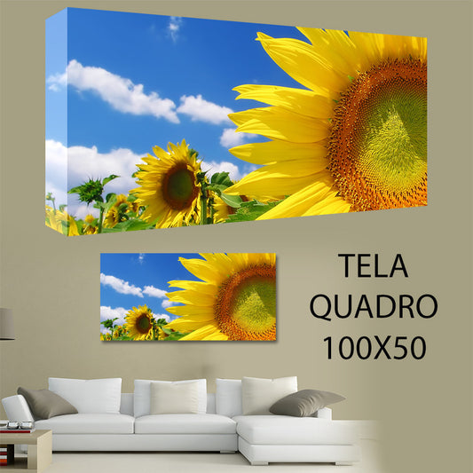 QUADRI MODERNI TELA 100X50 GIRASOLE FIORI NATURA CIELO PRATO FIORAIO ARREDO