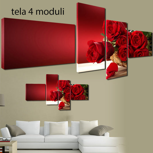 QUADRI MODERNI TELA 170X70 4PZ  FIORI ROSE ROSSE FIORERIA NATURA AMORE LOVE