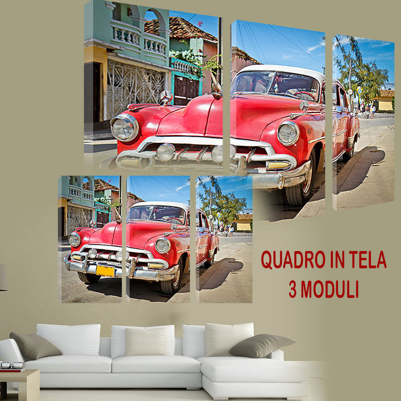 QUADRI MODERNI TELA ARTE 120X90 3PZ AUTO D'EPOCA 500 ROSSA RED ARTE ARREDO