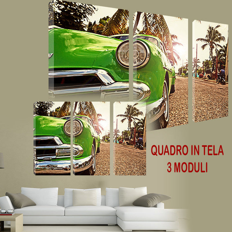 QUADRI MODERNI TELA ARTE 120X90 3PZ AUTO D'EPOCA GREEN VERDE ARTE ARREDO ANTICO