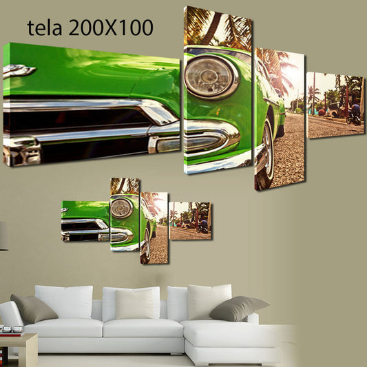 QUADRI MODERNI TELA 200x100 4pz AUTO D'EPOCA GREEN VERDE ARTE ARREDO ANTICO