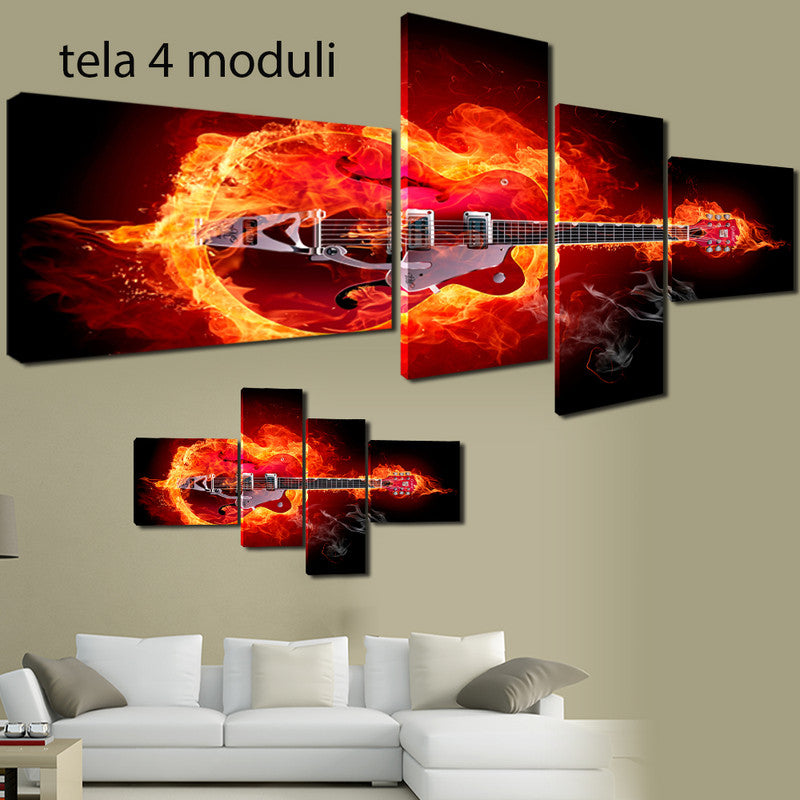 QUADRI MODERNI TELA 170X70 4PZ  MUSICA FUOCO VIOLINO CHITARRA ELETTRICA ARTE