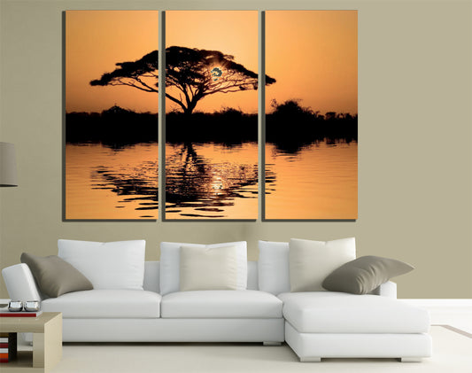 QUADRI MODERNI TELA ARTE 120X90 3PZ  TRAMONTO PAESAGGIO LAGO RIFLESSI QUERCIA