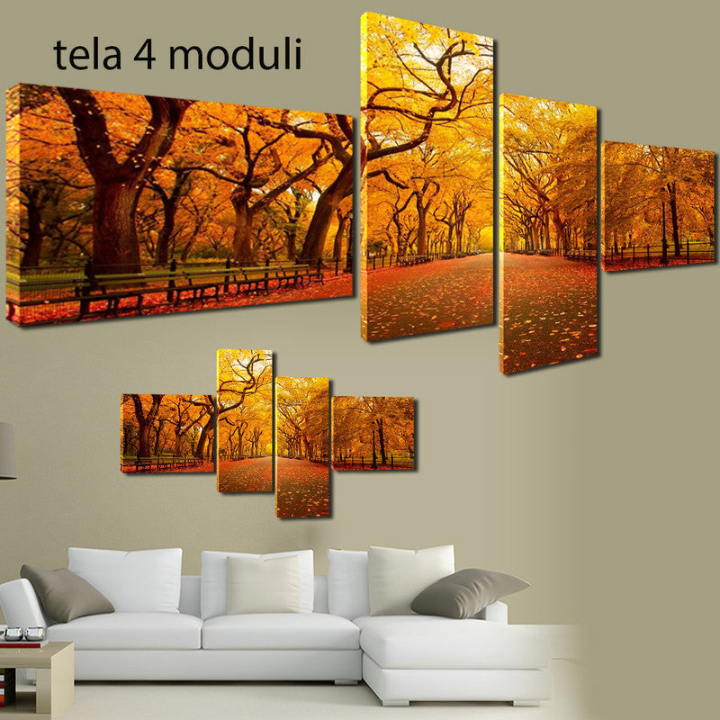 QUADRI MODERNI TELA 170X70 4PZ CENTRAL PARK FOGLIE ALBERI AUTUNNO INVERNO